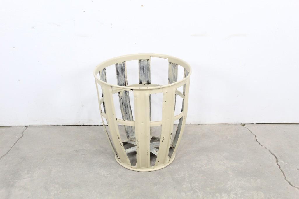 Industrial Cream Painted Metal Basket/Laundry Bin: Industrial Cream Painted Metal Basket/Laundry Bin. This basket bin looks like a barrel. Would be great for use as a hamper or to hold all of your basketballs and footballs. The dimension are 22.5 in h