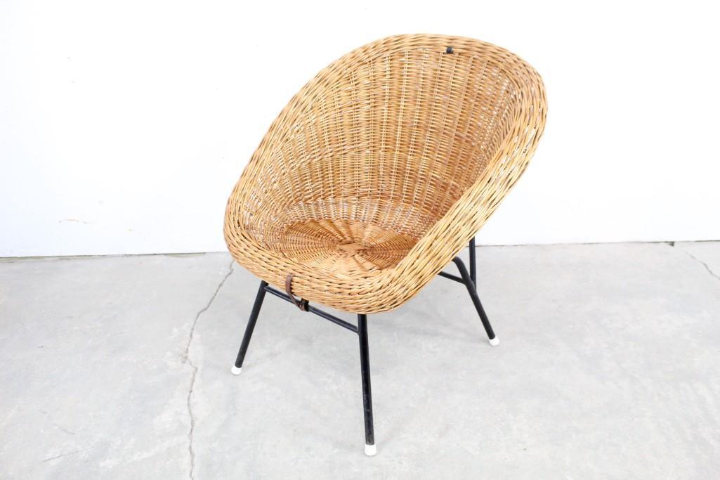 Mid-Century Modern Rattan Seat Chair,Cal-Asia Style: Mid-Century Modern Wicker Seat Chair, Metal Base & Legs. Reminiscent of "Cal-Asia" Chairs but unmarked. This chair sits on a metal frame and is secured by two small leather straps, one at the front of