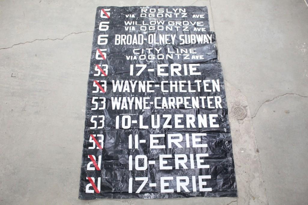 Destination Bus Roll Sign, Luzerne County Pennsylvania: Destination hand-crank Roll Sign, from the Luzerne County Pennsylvania bus system, featuring bold white & red coloring. This would make a great wall hanging. The dimensions are 76 in h x 49.5 in d. Co