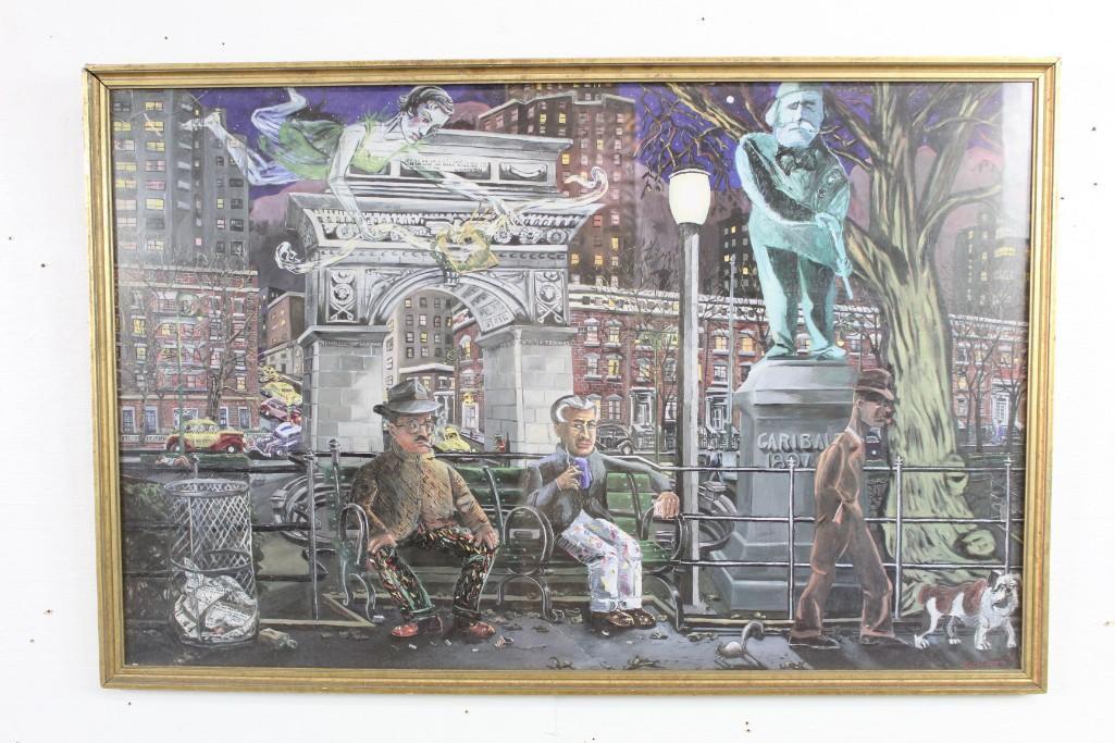 Framed Print of Washington Square NYC Red Grooms 1984: Framed print of the painting "Chance Encounter at 3 A.M." by noted American artist Red Grooms. The work depicts an actual meeting in Washington Square Park between two great modern artists, Willem de 