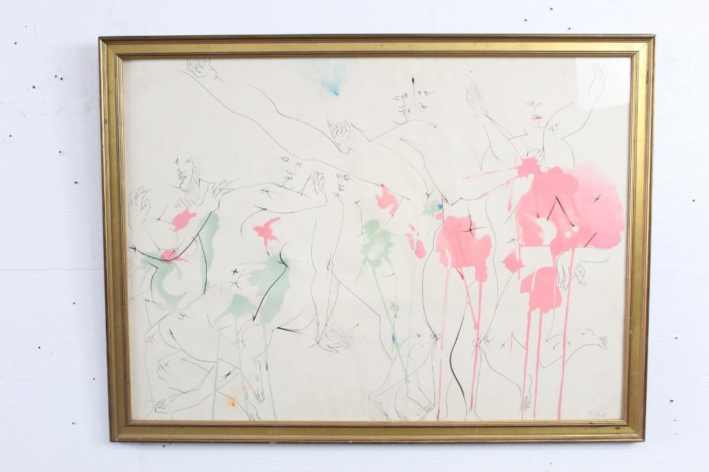 Mixed Media Abtract Pink Artwork Signed Dimitri Petrov: Mixed media artwork signed lower right by Dimitri Petrov (b. 1919), with the approximate title "Reason for being - Peter" on back label. (Last word is difficult to discern.) In a simple gold-painted w