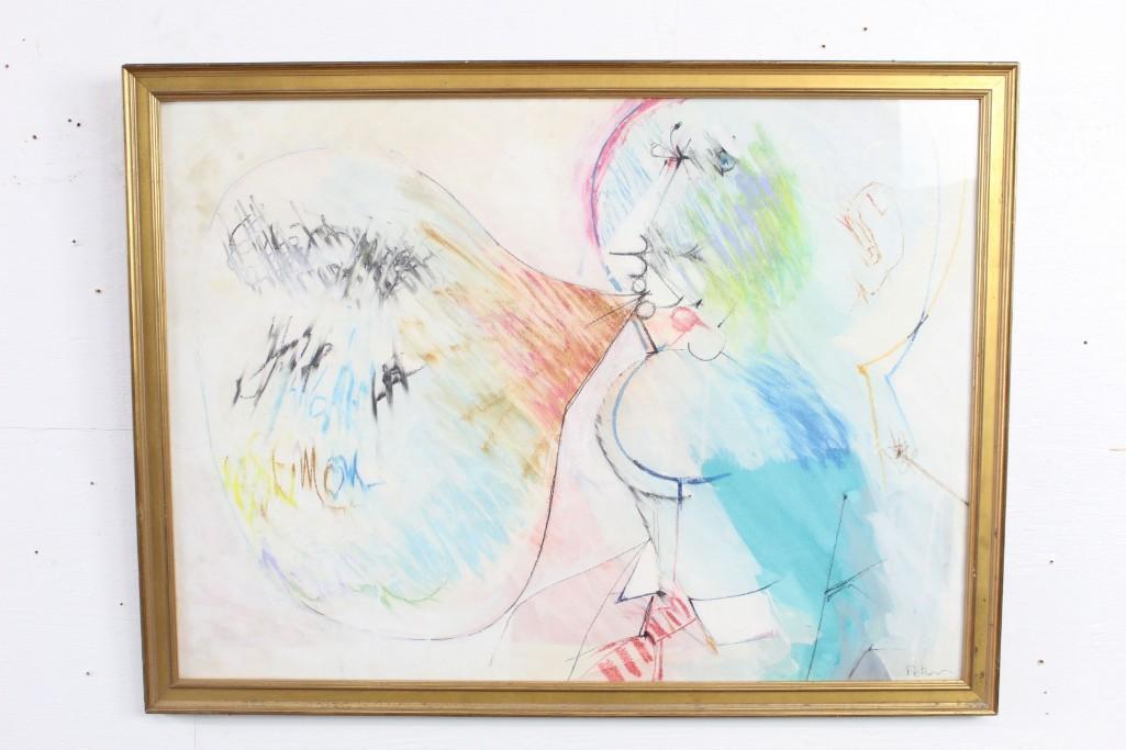 Mixed Media Bubble Gum Artwork Signed Dimitri Petrov: Mixed media artwork signed lower right by Dimitri Petrov (b. 1919), with the amusing title "Bubble Gum where it hurts" on back label. In a simple gold-painted wood frame. Abstract rendering of head bl