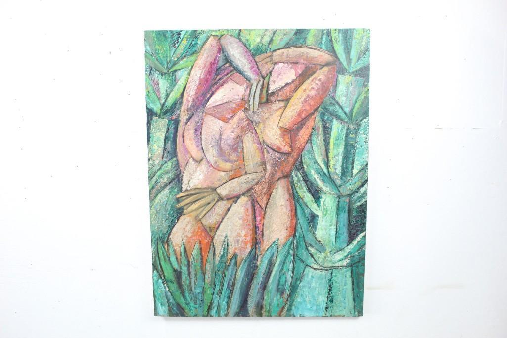 Abstract Cubist Figures Painting Boris Zherdin Signed: Abstract painting in a cubist style, signed on verso by Boris Zherdin (Russian/American, b. 1950). The signature says B.Zherdin and we are attributing it to Boris Zherdin. The painting depicts two fig