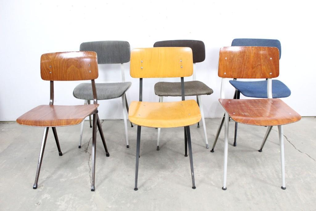 6 Mid-Century Modern Chairs,Marko,Ahrend de Cirkel: Lot of 6 Mid-Century Modern Chairs,Wood & Metal. Yellow Chair marked "Marko" on the back. Another chair is marked "Marko Kwartet." On the underside of one seat is a sticker that reads "Ahrend Cirkel"