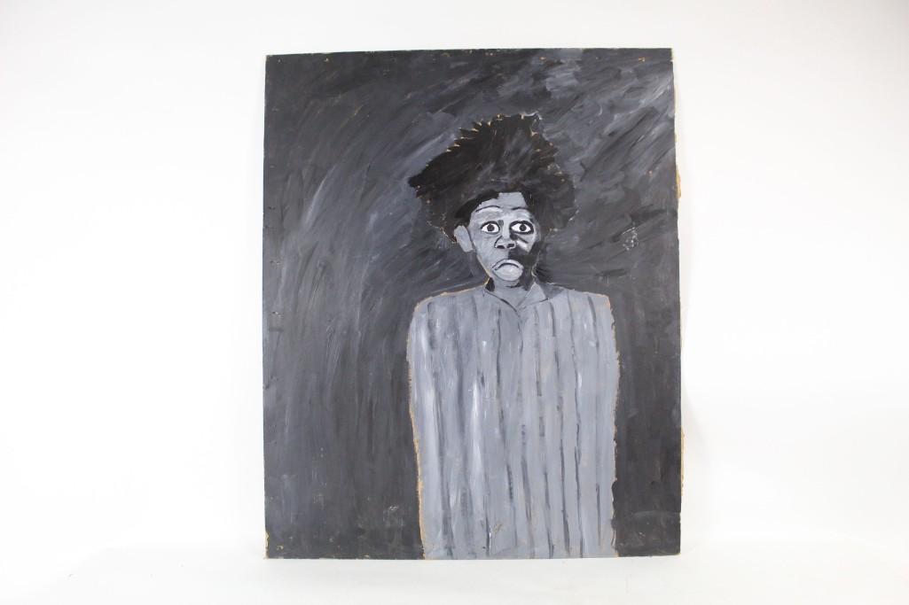Large B&W Painting of Surprised Person, Outsider Art: Large painting in black, white, and a range of greys, depicting a person with mouth open expressing a look of shock or surprise, over a gray painted background. By Hudson NY's famous Outsider artist E