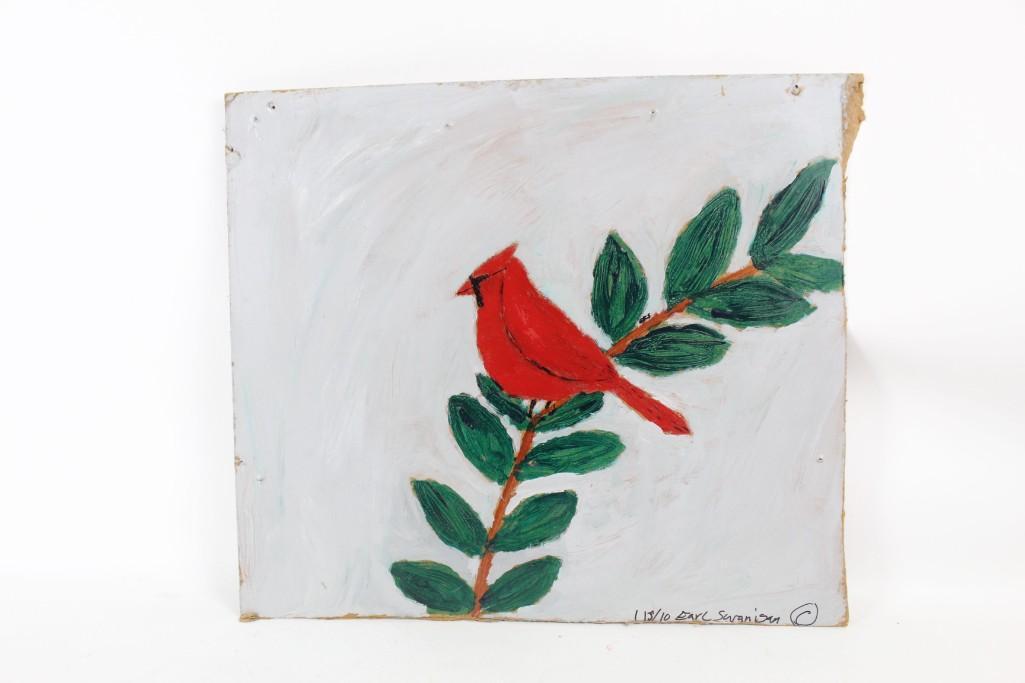 Small Outsider Art Painting Red Cardinal Earl Swanigan: Small painting of a red cardinal perched on a tree branch, over a gray painted background. Signed and dated lower right by Hudson NY's famous Outsider artist Earl Swanigan (1964â€“2019). Hidden a