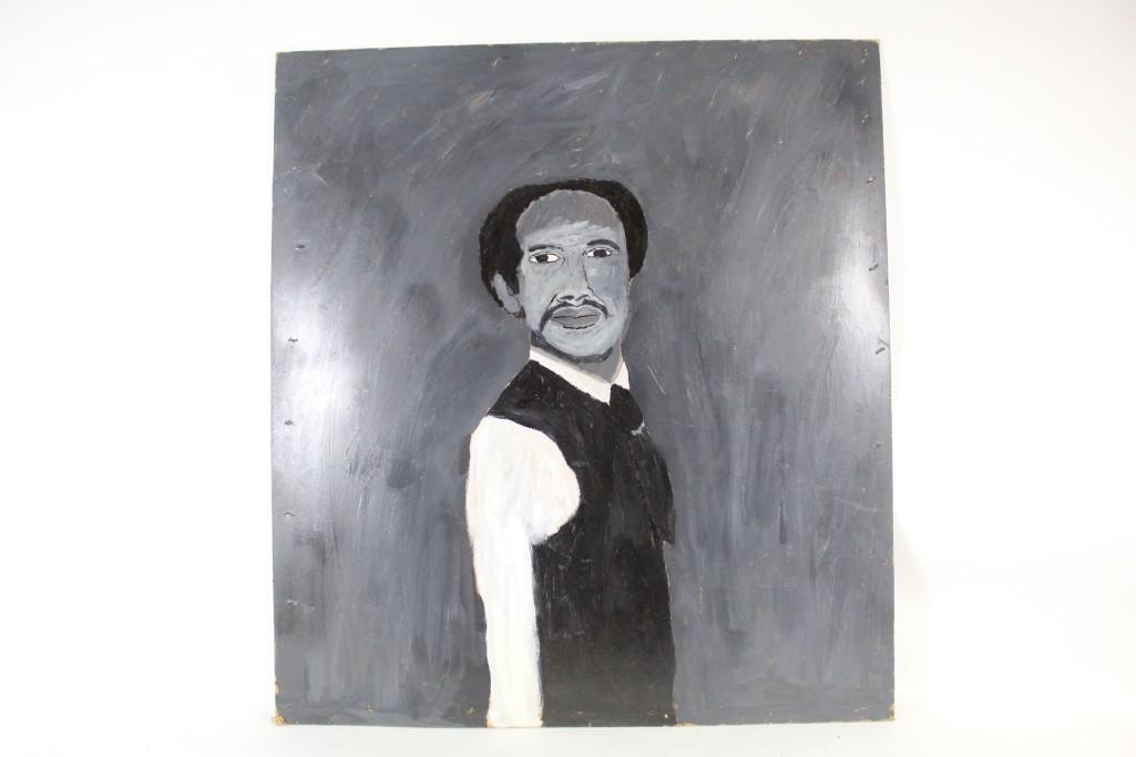 B&W Outsider Art Earl Swanigan Painting of Man in Suit: Large painting in black, white, and a range of greys, depicting a man in a suit standing sideways, over a gray painted background. By Hudson NY's famous Outsider artist Earl Swanigan (1964â€“2019