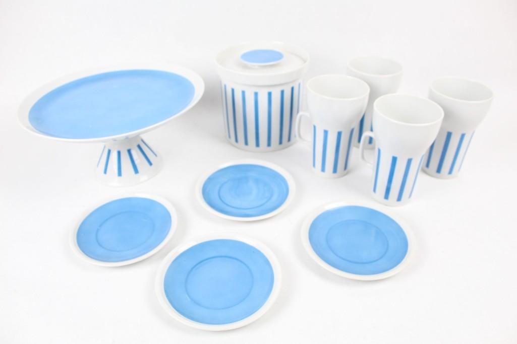 60's Set of Schmid Porcelain Lagardo Tackett Dishes: Mid-Century Modern 60's Set of Schmid Porcelain Lagardo Tackett Dishes. Includes 4 cups with handles, 4 saucers, a jar with ld and a serving tray. Underside marked Schmid Porcelain. This beautiful and