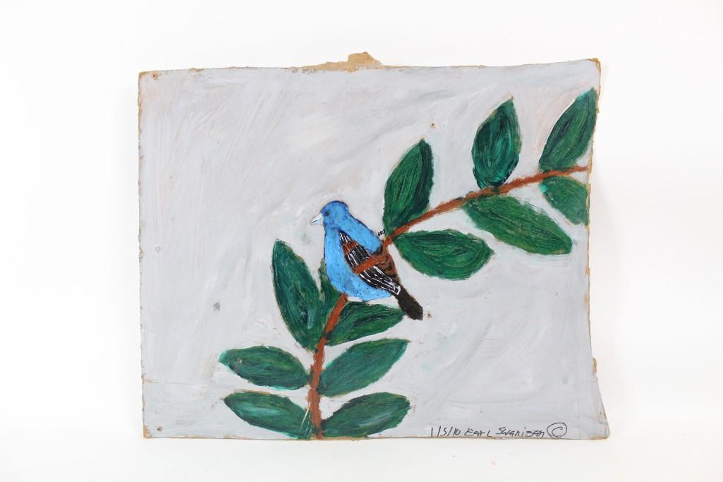 Outsider Art Painting Blue Bird on Branch Earl Swanigan: Small painting of a blue bird perched on a tree branch, over a gray painted background. Signed and dated lower right by Hudson NY's famous Outsider artist Earl Swanigan (1964â€“2019). Hidden amon