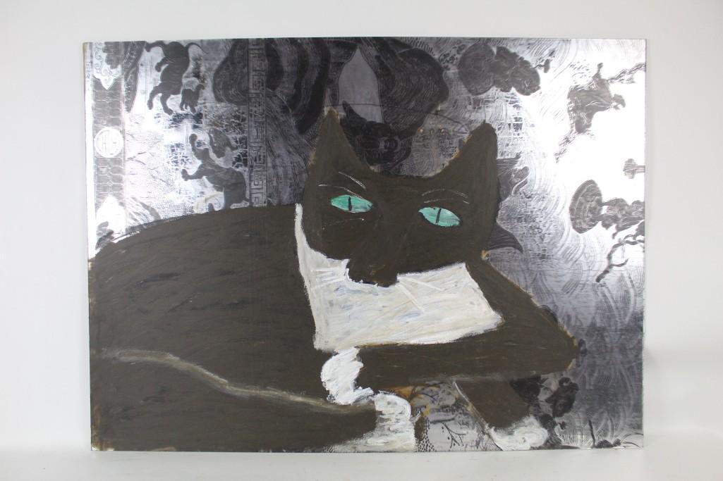 Large Unique Earl Swanigan Painting of Cat on Mirror: Large painting by the noted Hudson, NY Outsider artist Earl Swanigan (1964â€“2019), of one of his favorite subjects, a black cat. This unique work is on something resembling mirrored plexiglass w