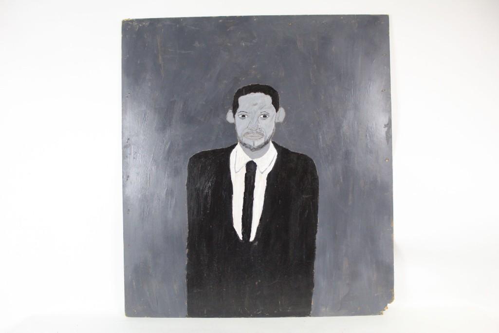 Earl Swanigan Outsider Art, Painting of Will Smith: Large painting in black, white, and a range of greys, depicting a Men In Black-era Will Smith wearing iconic suit and tie, over a gray painted background. By Hudson NY's famous Outsider artist Earl Sw