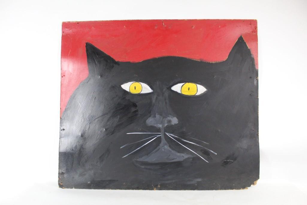 Large Outsider Art Swanigan Painting of Black Cat Face: Large painting by the noted Hudson, NY Outsider artist Earl Swanigan (1964â€“2019), of one of the artist's favorite subjects, a black cat. This cat's yellow eyes and white whiskers contrast nicel