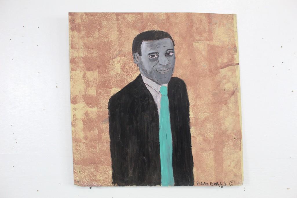 Earl Swanigan Outsider Folk Art Painting Man with Tie: Earl Swanigan Outsider Folk Art Painting Man with Tie. Painting on board, with pink sponged background, of a man in a tie, by Hudson NY's famous Outsider Artist Earl Swanigan. Signed on bottom, 9/2/10