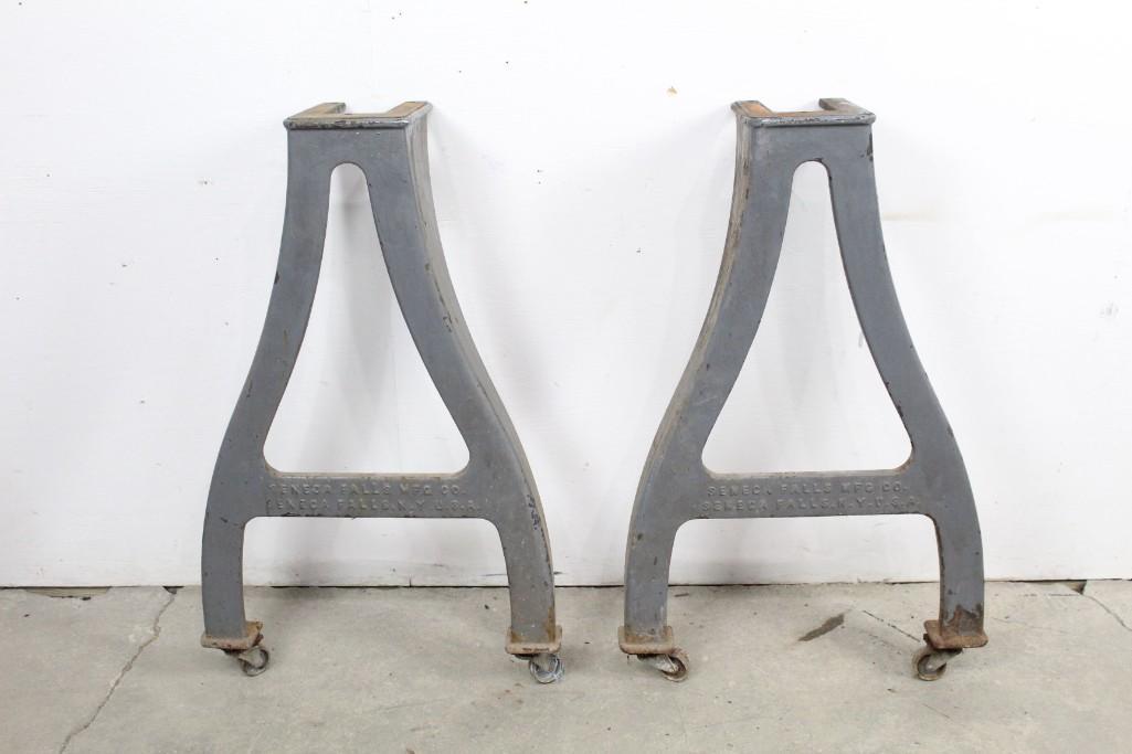 Old Industrial Pair of Cast Iron Lathe Legs for Table: Old Industrial Pair of Cast Iron Lathe Legs for Table. These are heavy duty. Legs marked "Seneca Falls, NY." Would make for sturdy legs for any table top. The dimensions are 33.5 in h x 21 in w x 10 i