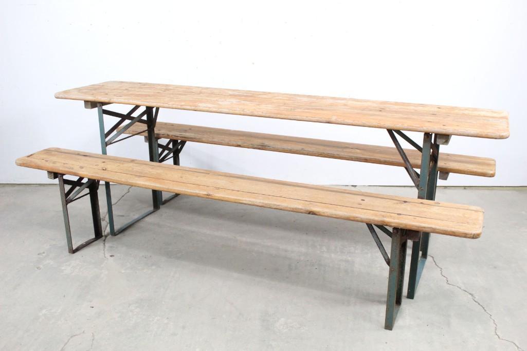 Folding Beer Garden Table & 2 Bench Set, Metal&Wood: Folding Beer Garden Table & 2 Bench Set, Metal&Wood. These are a delight! Metal legs and frame are painted a Park/Forest Green. The wood benches and table have a warm patina that welcomes that invigor