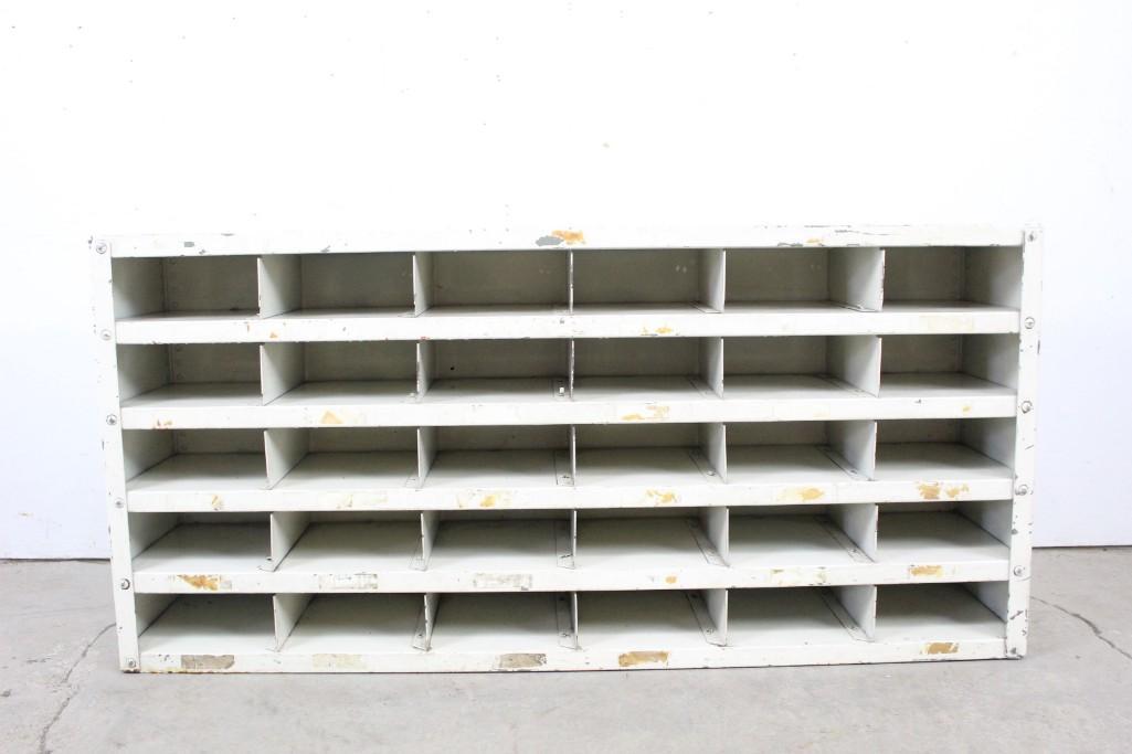 Industrial Steel White Storage Shelf Display Cabinet: Industrial steel white painted storage cabinet with 30 different compartments or shelves, great for storing or displaying a collection of smaller decorative objects or printed matter. Units like this