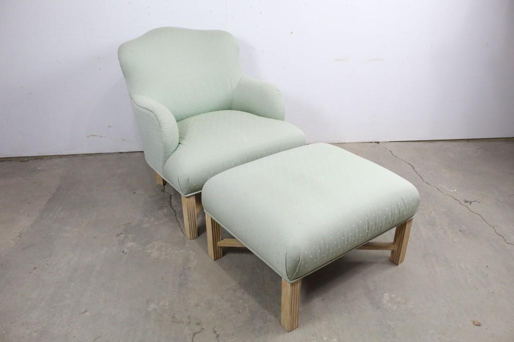 1980's Upholstered Chair & Ottoman by J..Robert Scott: Upholstered Chair & Ottoman,J.Robert Scott,Mid-Century. Mint green in color. Label J. Robert Scott. Perfect for your reading nook. Nice having the matrching ottoman. Dimensions are 26in h x 31n w x 36