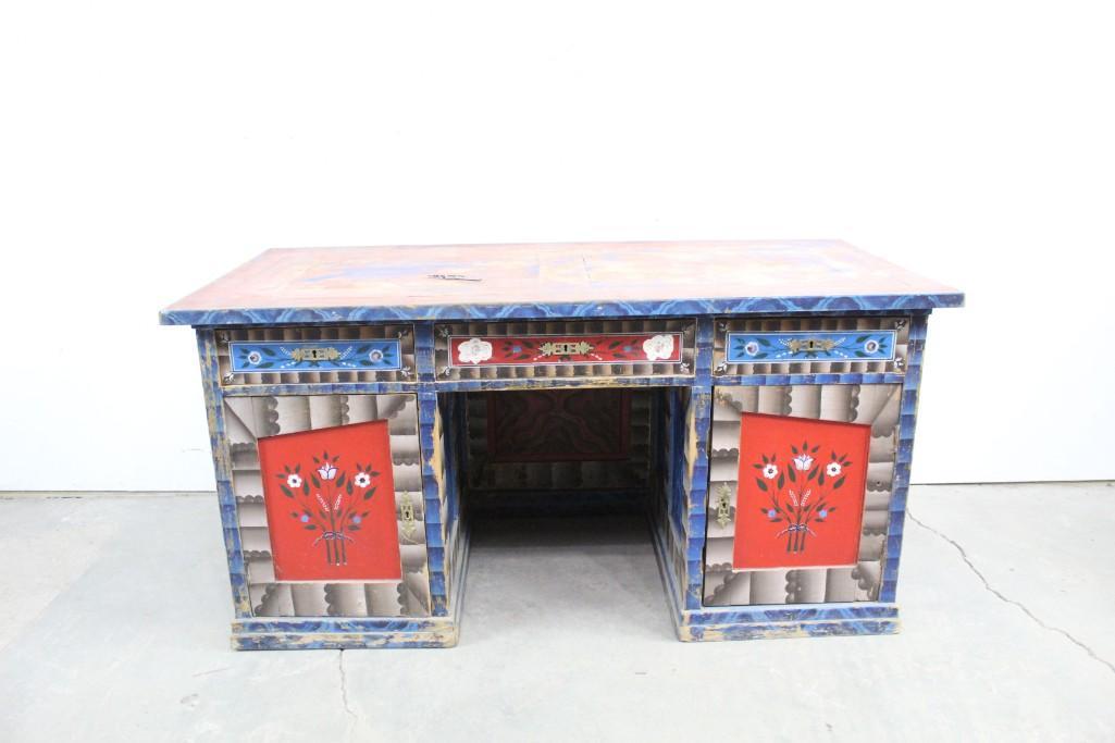 Antique Danish Colorful Painted Wood Folk Art Desk: Antique Danish Colorful Painted Wood Folk Art Desk. Very charming handpainted desk with floral motif. Lots of storage space. Would be very useful in a studio, office or workshop. Dimensions are 31in h
