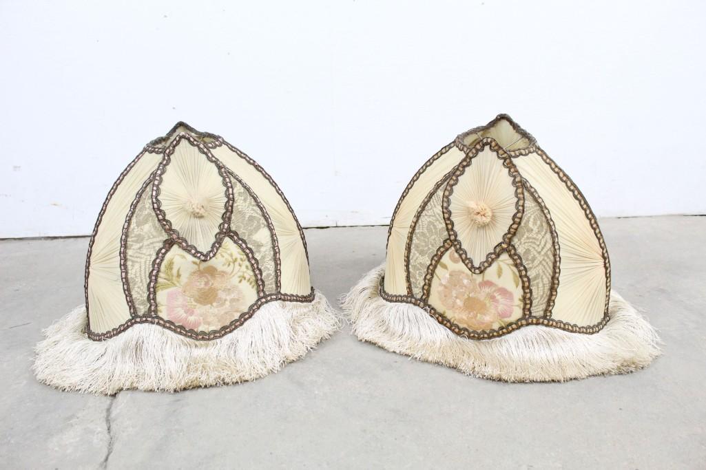 Pair of Large Fabric Boudoir Lampshades Lighting: Pair of Large Fabric Boudoir Lampshades Lighting . Cream and pink lampshades are decorated with embroidery and tassels, and are quite elaborate. Fancy addition for your living room. Dimensions are 15n