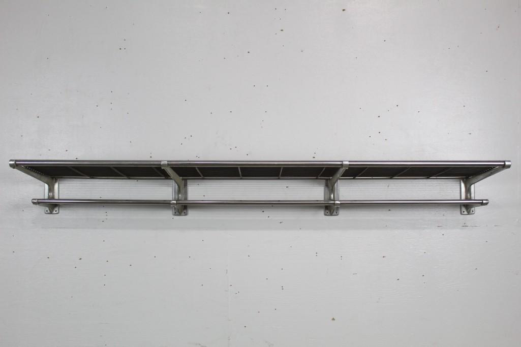 Mid-century Modern Metal Railway Luggage Rack Shelf: Antique Chrome Metal Train Railway Luggage Rack Shelf. Has 2 shelves with the top one wider than the bottom. The bottom shelf has a rod for hanging items. Would be useful and stylish in a bathroom or 
