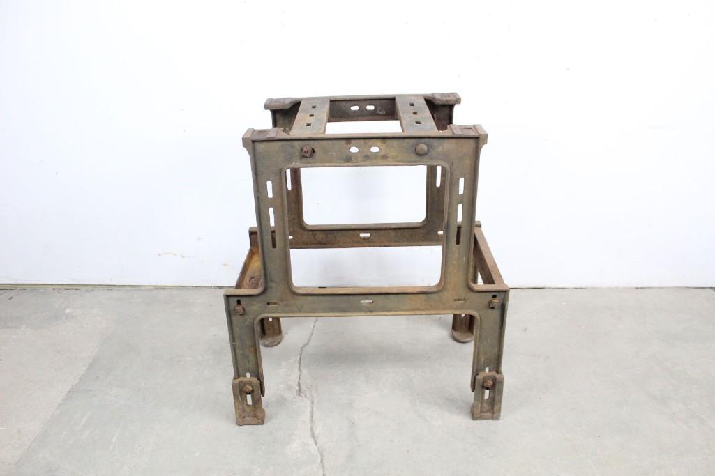 Industrial Cast Iron Factory Table Workbench Base: Industrial Cast Iron Factory Table Workbench Base with 4 graduated legs. Add a top to make a useful surface for your workspace. "L5" stenciled in white on the inside of the top. Dimensions are 32in h 