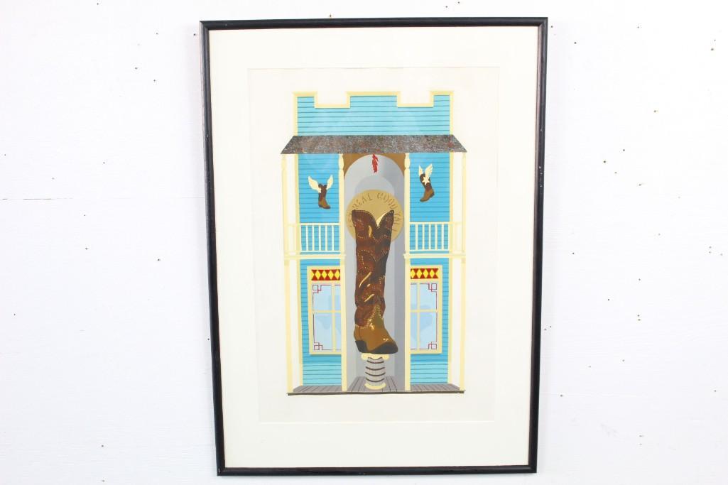 Texas Altarpiece Screenprint Cowboy Boot Mike Niblett: "Texas Altarpiece" Screenprint of a Cowboy Boot signed Mike Niblett Framed Signed & Numbered. Titled "Texas Altarpiece", this screenprint is number 6 of an edition of 14. Signed in pencil Mike Niblett