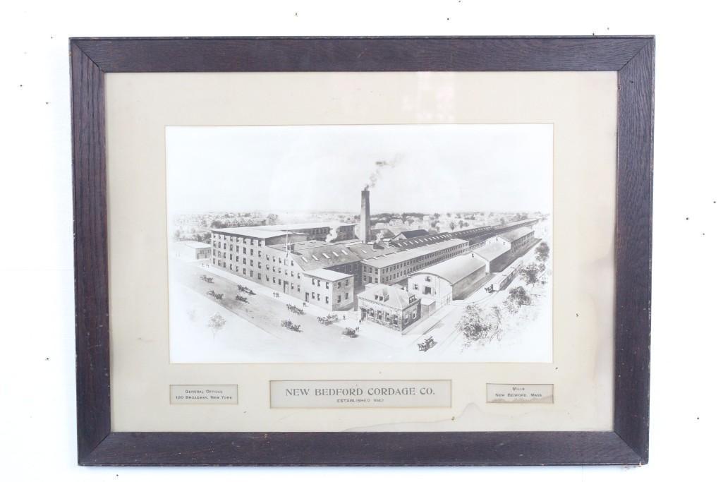 Antique Framed Print New Bedford Cordage Co Whaling: Antique Framed Print of the New Bedford Cordage Co Factory in New Bedford, Mass. The New Bedford Cordage Co., established in 1842, originally manufactured rope for whaling and clipper ships. This prin