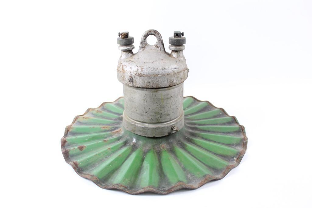 Industrial G.E. Green Enamel Wavy Metal Hanging Light: Industrial G.E. Green Enamel Wavy Metal Hanging Light. Its shade is wavy and rippled and painted green. The top of the light reads, "General Electric Company, USA." It is a very friendly piece, the li