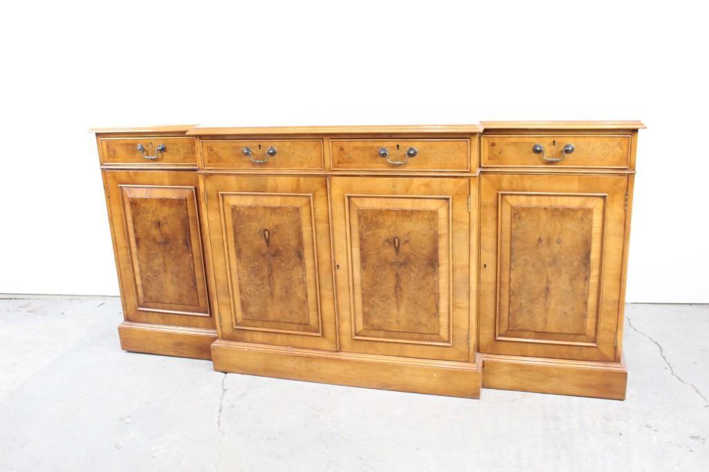 Burl Birdseye Maple Large Cabinet Credenza: Large cabinet or credenza with a stunning burl maple veneer that resembles the sought-after "birdseye" maple. Marked Made in UK. The dimensions are 36 in h x 75 in w x 18 in d. Condition is good to fa