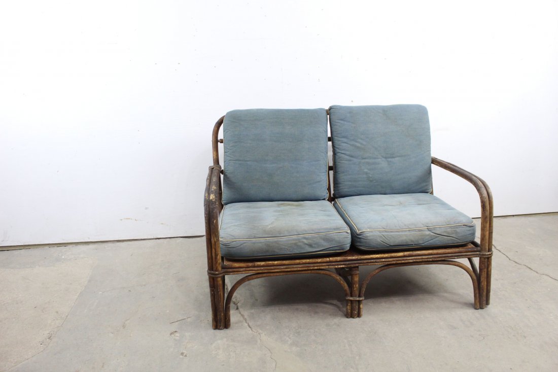 Bamboo Love Seat Sofa w/ Original Denim Fabric Cushions: This is an amazing find, this Bamboo Love Seat Sofa w/ Original Denim Fabric Cushions. The cushions are still around because there were slip covers made, the slip covers were ugly and dirty and had be