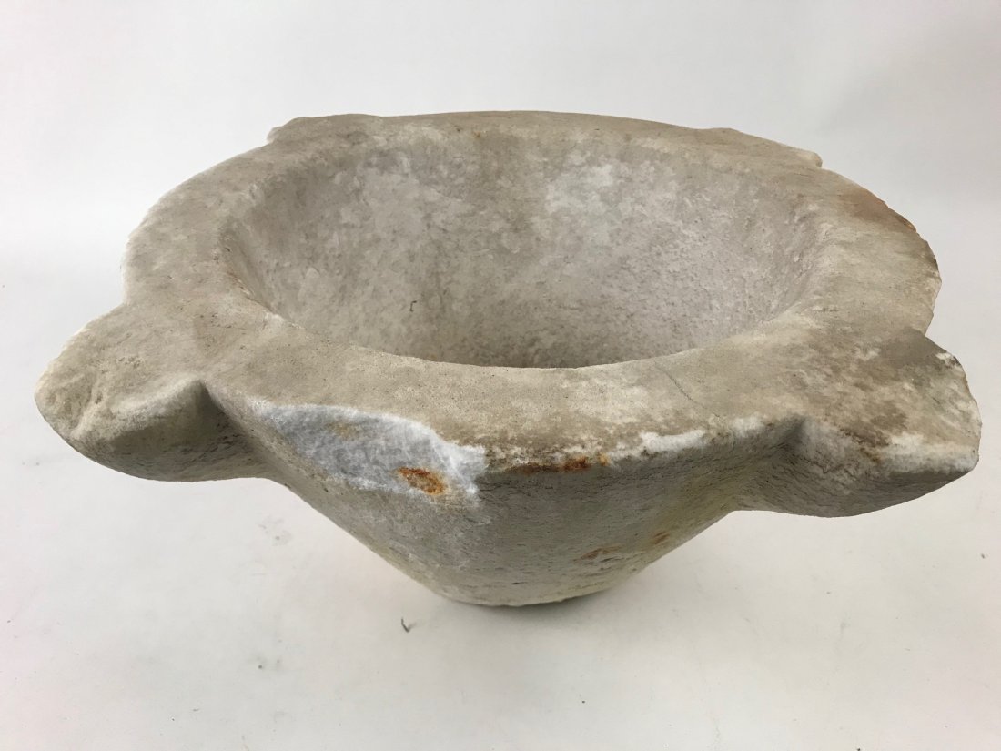19th Century Carved Stone Garden Planter, Architectural: 19th Century Carved Stone Planter, Giant Mortar. We are unsure of the original use of this, possibly a giant mortar and pestle (no pestle). We found it to be a planter. Dimensions are 8 in h x 15 in w