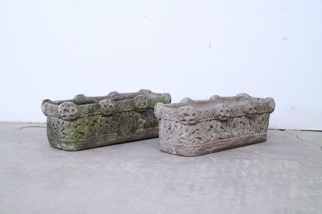 Pair Concrete Long Rectangular Ornate Gothic Planters (1 of 5)