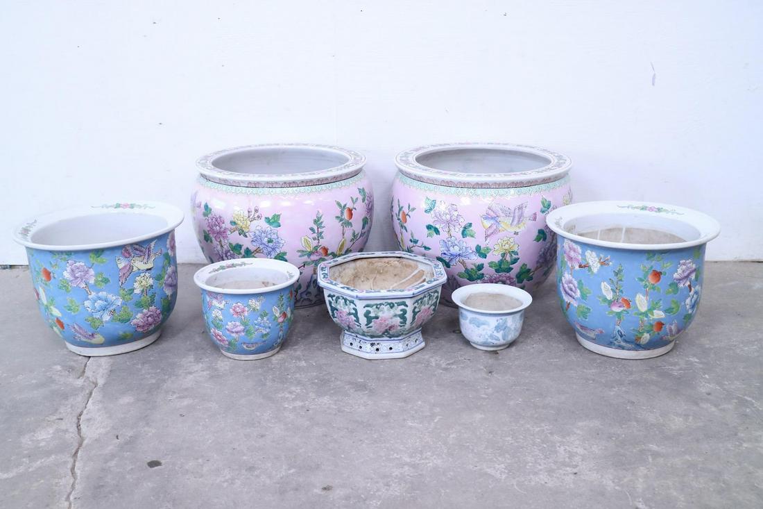 7 Asian Ceramic Planters with Flower & Bird Designs (1 of 7)