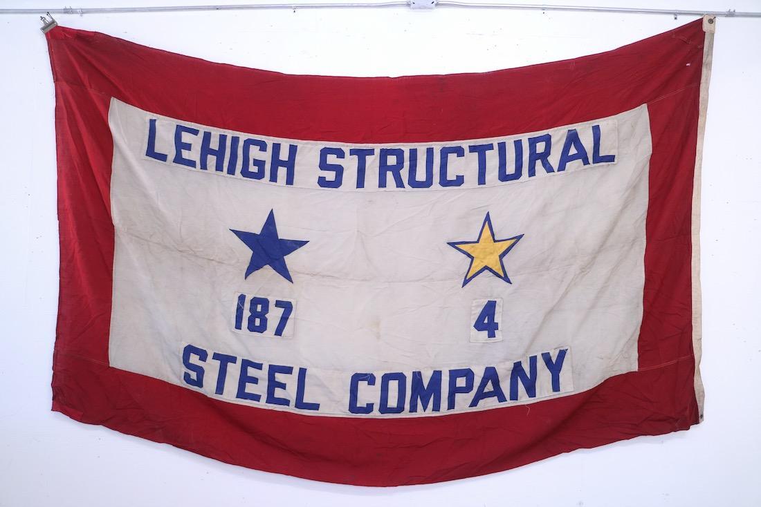 Lehigh Structural Steel Co. WWII Flag Industrial: Lehigh Structural Steel Company WWII Memorial Flag. A Banner/Flag representing members of company who fought in the war (blue stars), and how many died (gold star). White border on right side with two