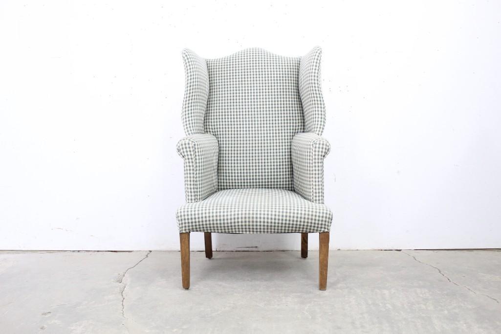 Green Checkered Plaid Upholstered Deep Wingback Chair (1 of 7)