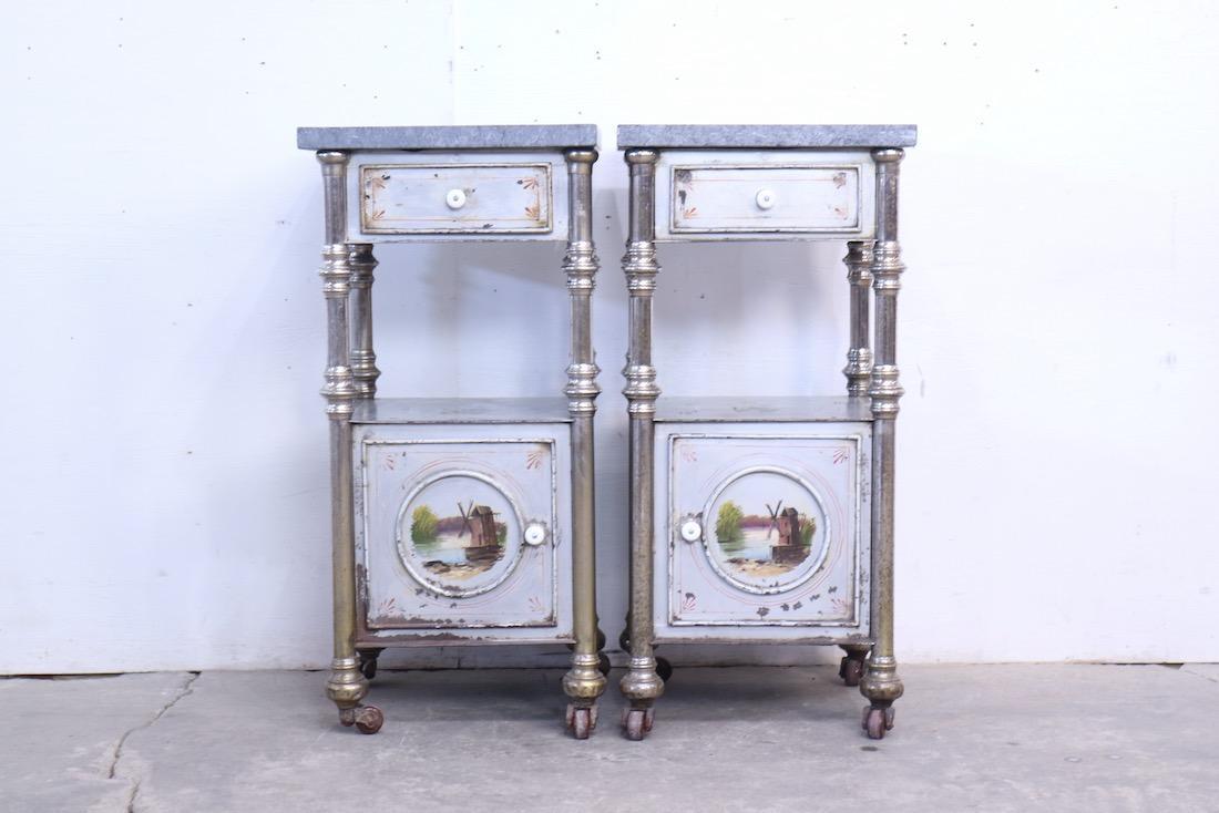 Pair Marble Top Indsutrial Rolling Steel 1-Door Stands (1 of 10)