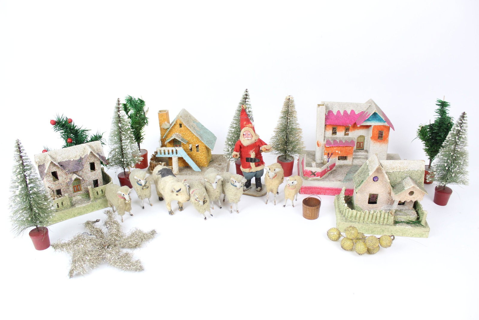 Antique Christmas Decorations,Putz Sheep,Santa,Houses (1 of 8)