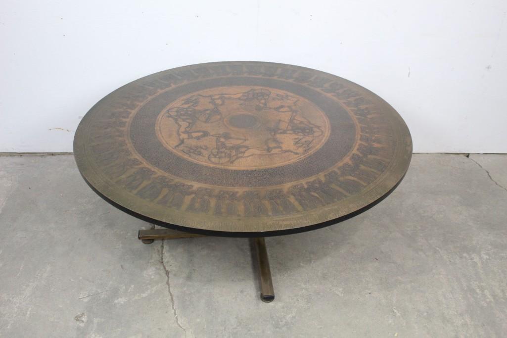 Mid Century Round Wood & Copper Egyptian Style Table (1 of 7)