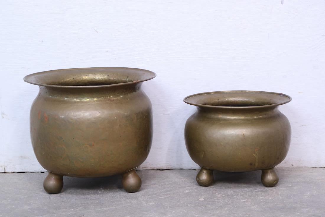 Pair of Round Footed Brass Spittoons Russian Cyrillic (1 of 7)
