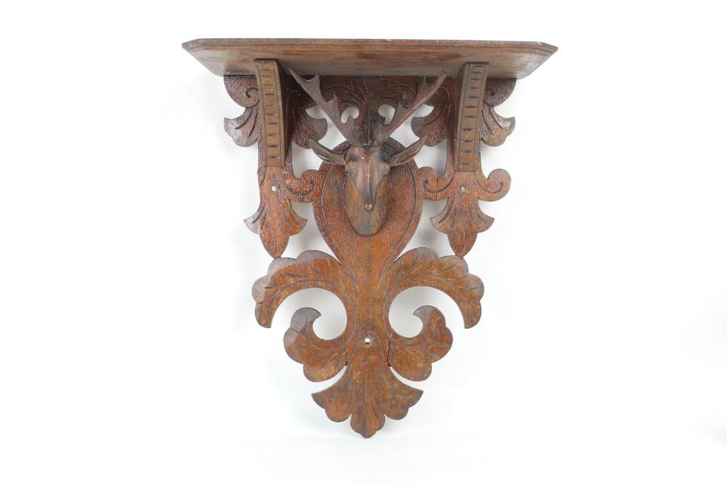 Antique Wood Shelf Carved Black Forest Deer & Antlers (1 of 4)