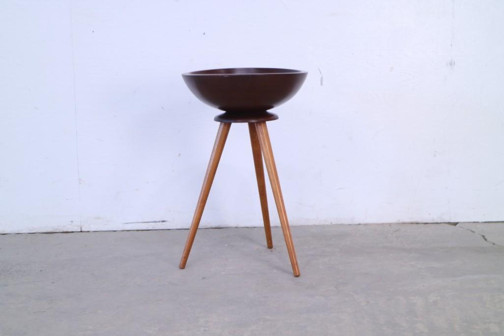 Mid Century Turned Dark Wood Bowl on Light Wood Stand (1 of 4)