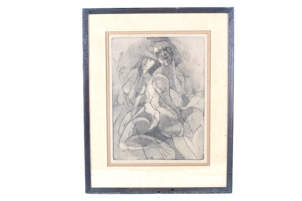 Abstract Etching of Man&Woman Wood Frame "Contentment": Abstract Etching of Man&Woman Wood Frame "Contentment." A final proof, titled on the bottom with artist signature "James G. Davis '56." Dimensions are 17.75 in h x 14 in w x .5