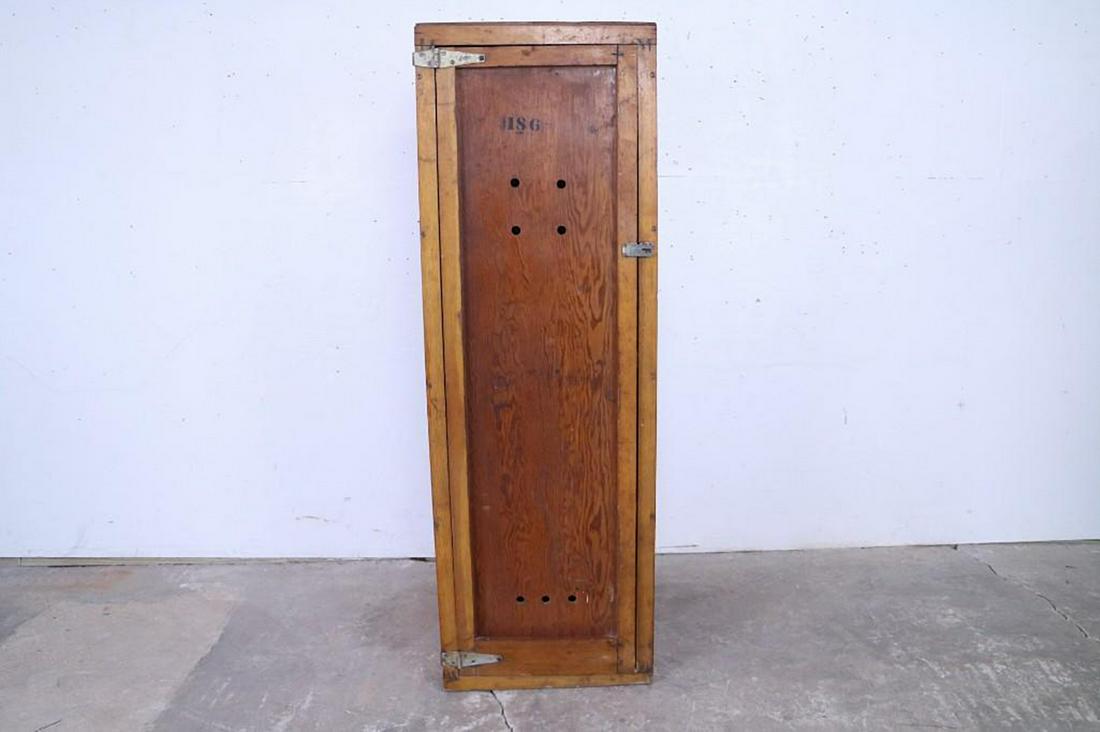 Industrial Military Wooden Clothing Storage Locker,#5: Industrial Antique Large Wooden Storage Locker,Wide #5. This is a large, handsome storage locker made with plywood and metal hardware. It has three shelves and holes to keep things fresh. Has a dark s