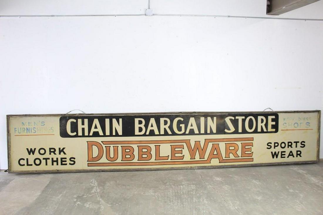 18 ft Painted Metal Dubbleware Work Clothing Store Sign: This item is from the original Bobby's from Boston vintage clothing store.Huge 18 ft Framed Metal Dubbleware Work Clothing Store Sign. Framed in wood, metal red, white and blue sign reads "Chain Barga