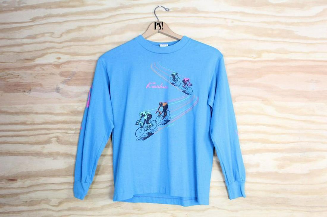 Blue M Kuwahara Bike Racing Vintage Long Sleeve T-Shirt: SHIPPING: We will ship this item in-house, for a $12 flat rate to the Continental US; $2 for each additional shirt. Please contact us for a shipping quote on larger quantities. Blue M Kuwahara Bike Ra