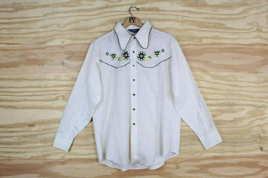 White XL Western Wear Embroidered Flowers Vintage Shirt (1 of 5)