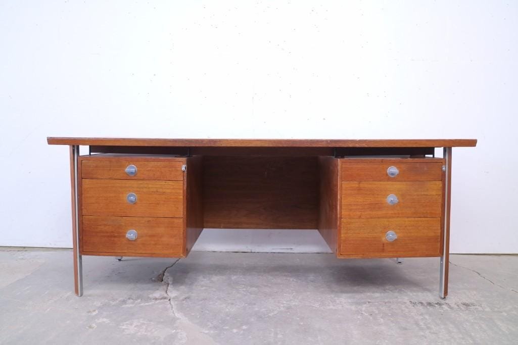 Mid Century Modern Wood & Metal Office Desk w/6 Drawers: From Bobby of Boston; Mid Century Modern Wood & Metal Office Desk w/6 Drawers. Desk is wooden with a metal frame and drawer pulls. The left side has a lock, and there are 3 drawers on each side of the