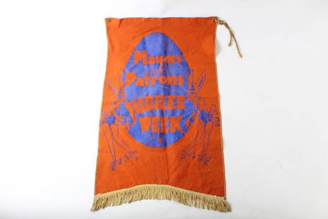 Deco 'Players and Patrons' Jubilee weekend flag/banner: 'Players and Patrons' Jubilee weekend flag/banner. Featuring tassels on the front and bottom. This vibrant, joyous piece would be a great addition to a workspace or living area. Fabulous graphic of