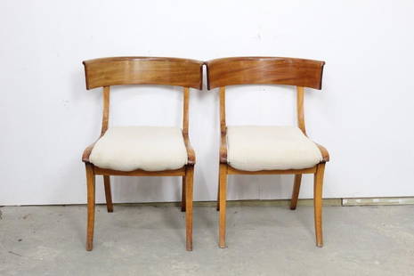 Pair of Danish Klismos Chairs,Mid Century Modern: Pair of upholstered Danish Klismos style chairs. The wood has beautiful patina. Perfectly on trend, would be right at home in minimalist home with Scandinavian decor. Dimensions are 30 in h x 18