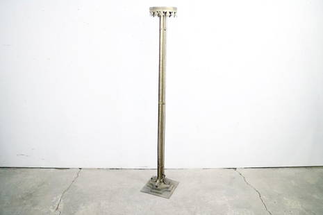 Antique Wrought Iron Gold Paint Plant Stand, Pedestal: Antique Tall Metal Gold Colored Plant Stand or Pedestal. Top is round and looks like an upside down crown, with fleur de lis decorative metal dropping down from its flat surface. Tall post holds the